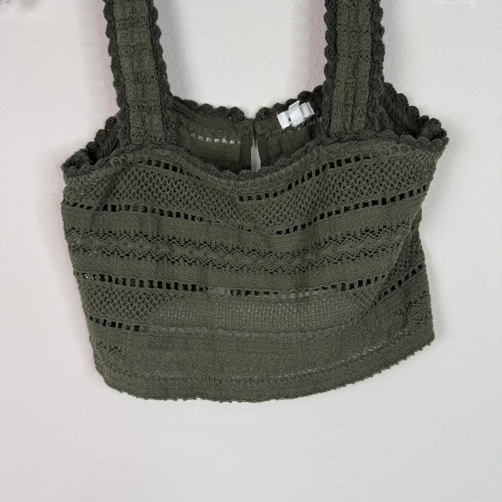 Aerie Cropped Tank Top Women Small Olive Green Crochet Eyelet Boho Square Neck